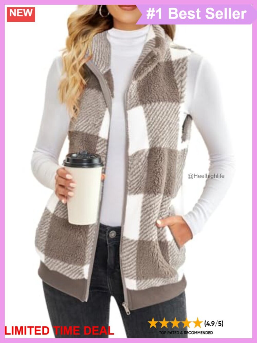 Sherpa Fleece Plaid Zip Up Vest with Pockets Sleeveless Winter